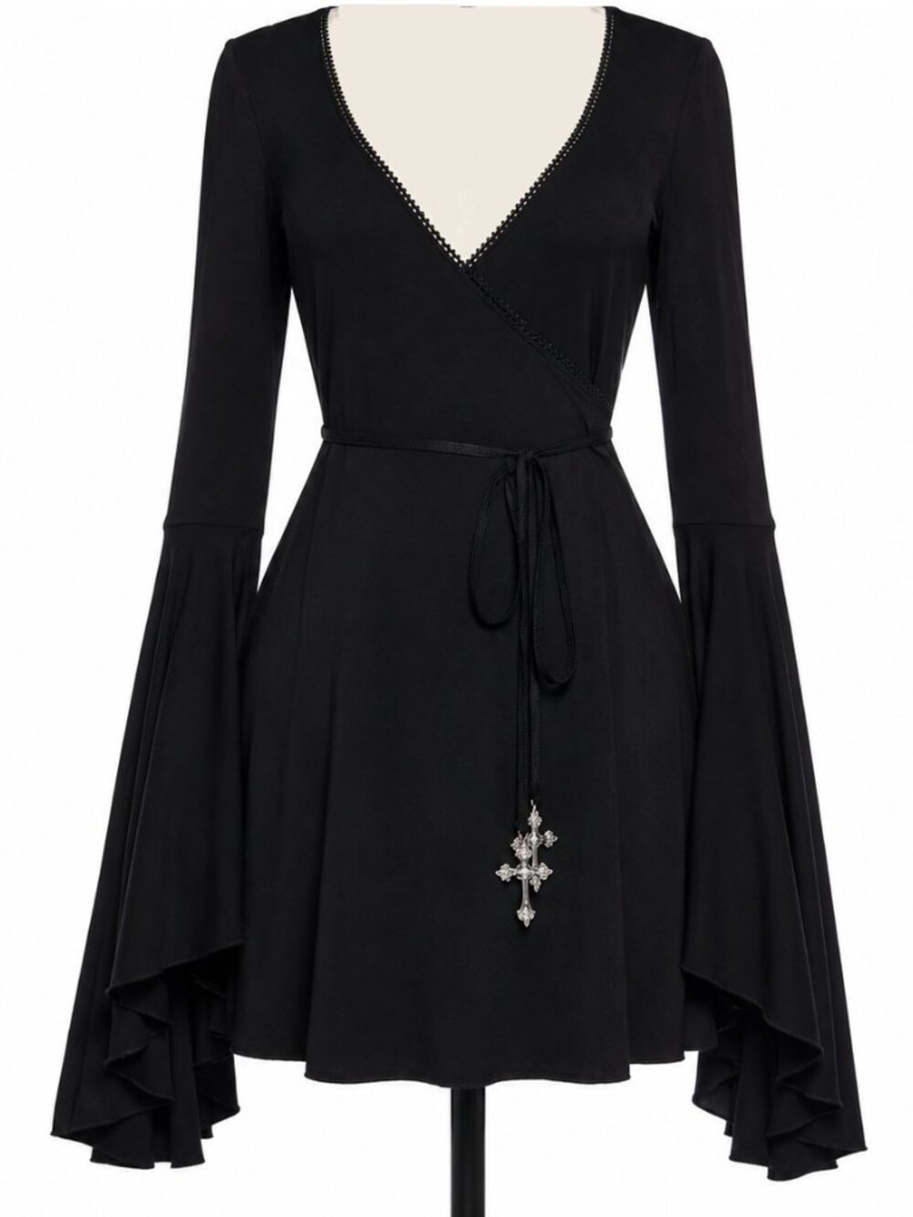 Widow Queen Of The Cursed Wrap Goth Bell Sleeve Belted Witchy Boho Dress